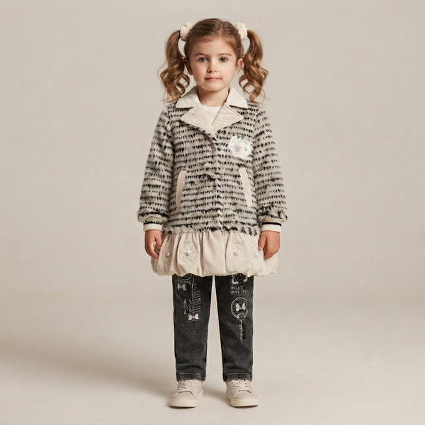 Toddler Girls' Luxury Faux-Fur Animal Print Coat & Graphic Embroidered Jeans Set
