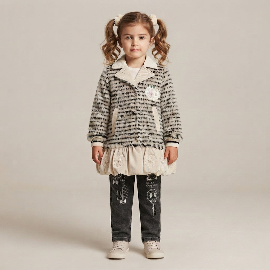 Toddler Girls' Luxury Faux-Fur Animal Print Coat & Graphic Embroidered Jeans Set