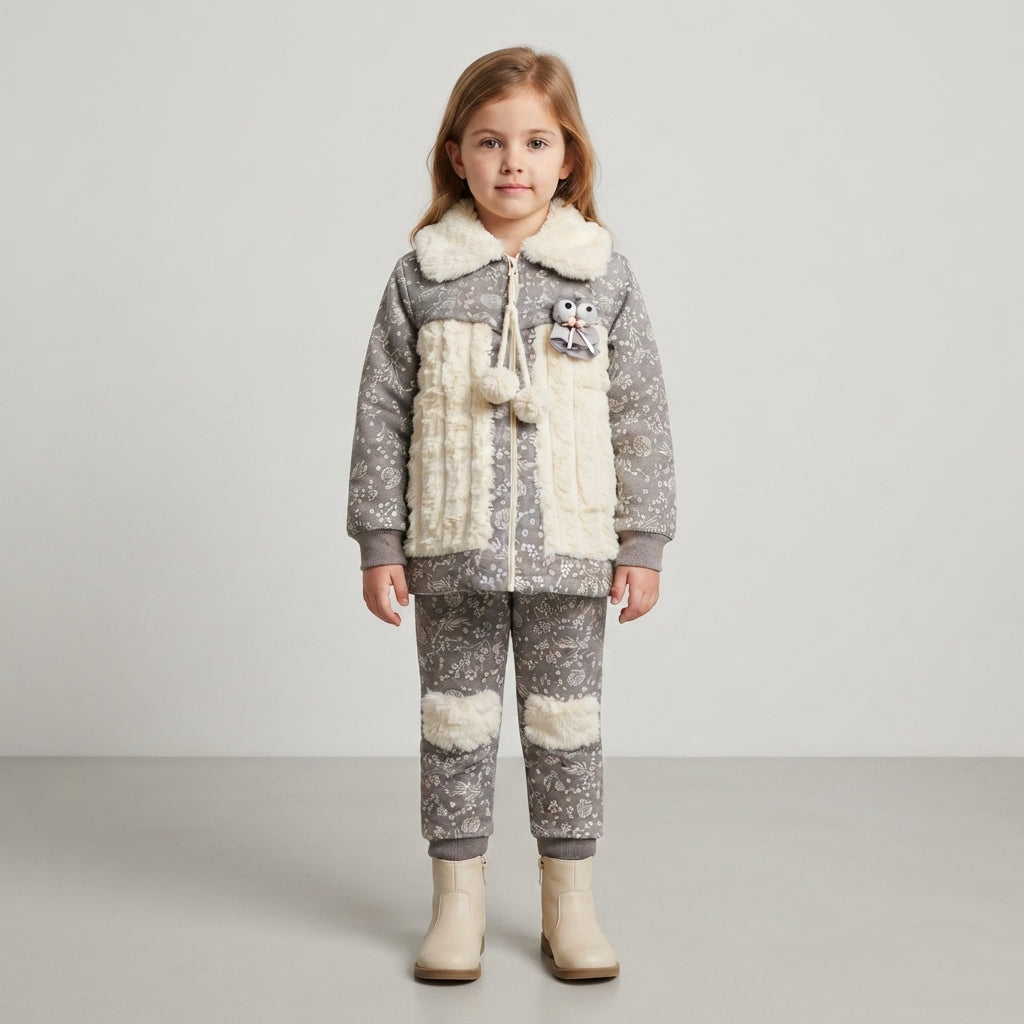 Girls Floral Zip Hoodie & Fur Jogger Set