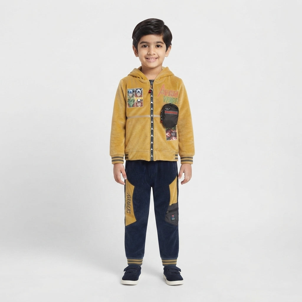 Boys' Mustard Yellow and Navy Blue Hooded Tracksuit and Joggers Set with Marvel Avengers Patches