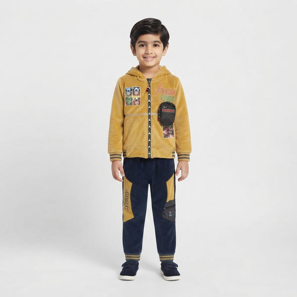 Boys' Mustard Yellow and Navy Blue Hooded Tracksuit and Joggers Set with Marvel Avengers Patches