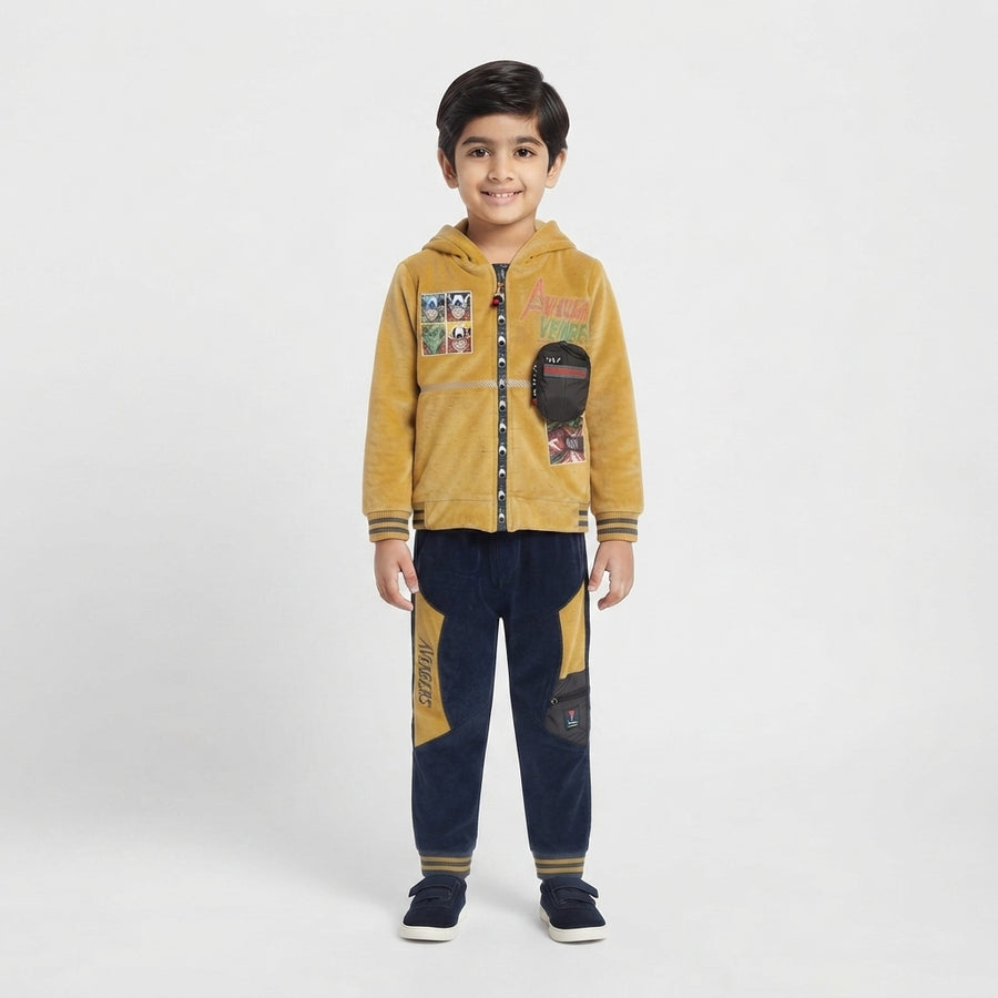 Boys' Mustard Yellow and Navy Blue Hooded Tracksuit and Joggers Set with Marvel Avengers Patches