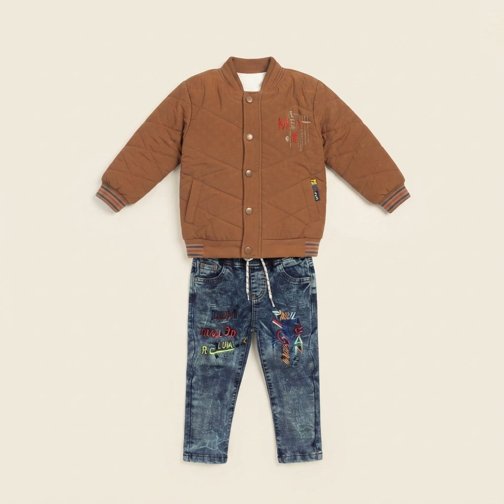 Boys Brown Quilted Bomber Jacket & Embroidered Denim Jeans Set