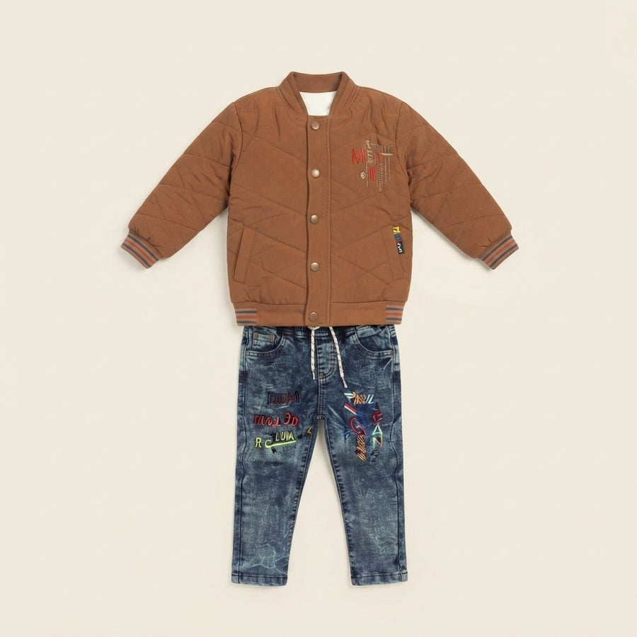 Boys Brown Quilted Bomber Jacket & Embroidered Denim Jeans Set