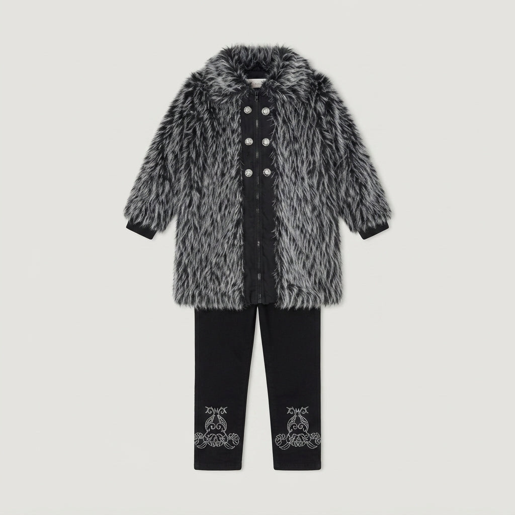 Girls Black and Grey Faux Fur Coat — Photo 2