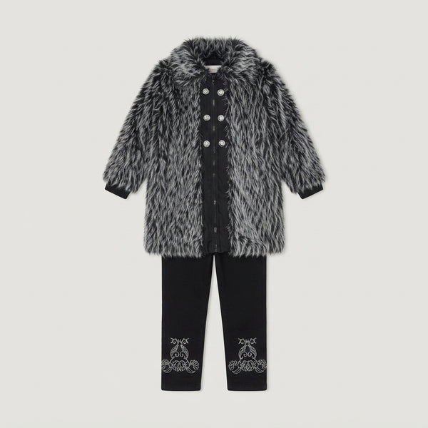 Girls Black and Grey Faux Fur Coat — Photo 2