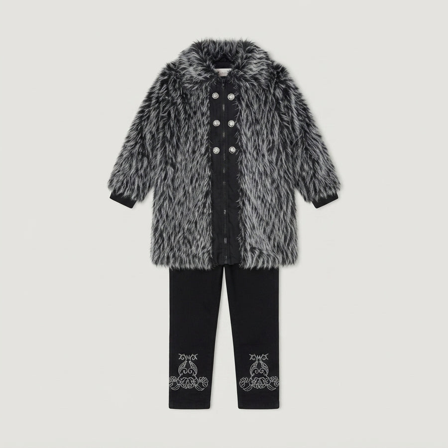 Girls Black and Grey Faux Fur Coat — Photo 2