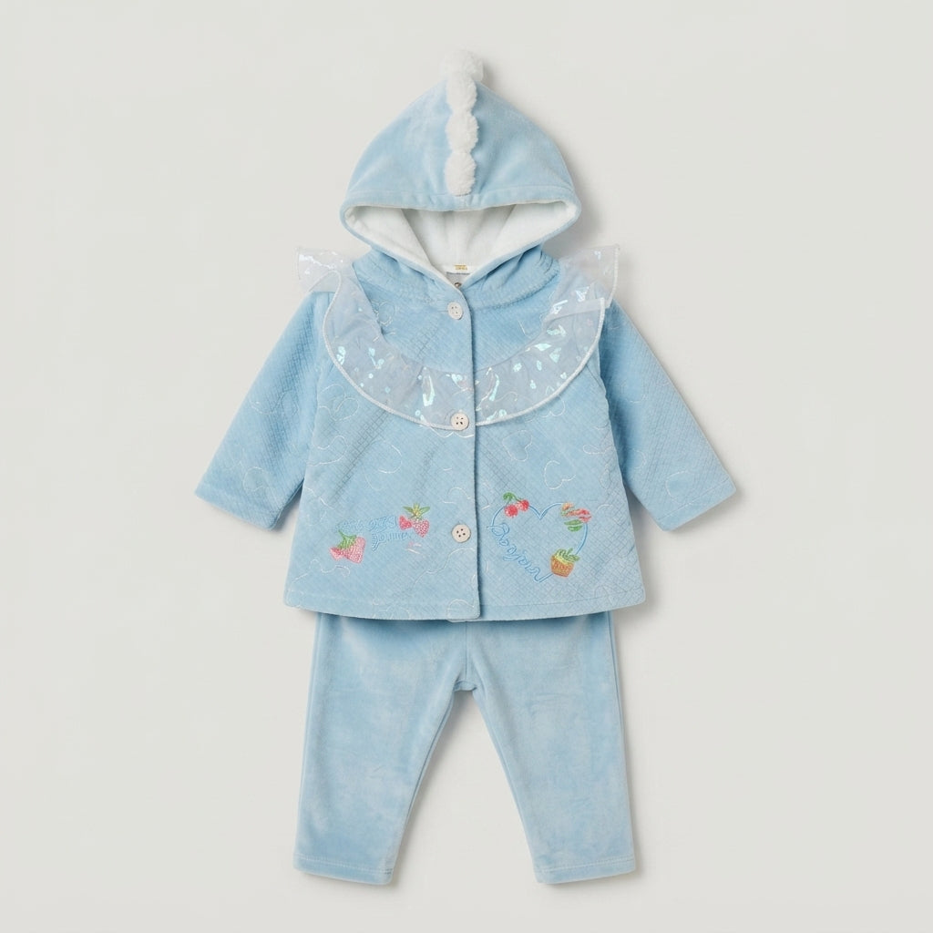 Baby Girls Cozy Light Blue Velvet 2-Piece Hoodie Set with Hood Pom-Pom & Floral Embroidery