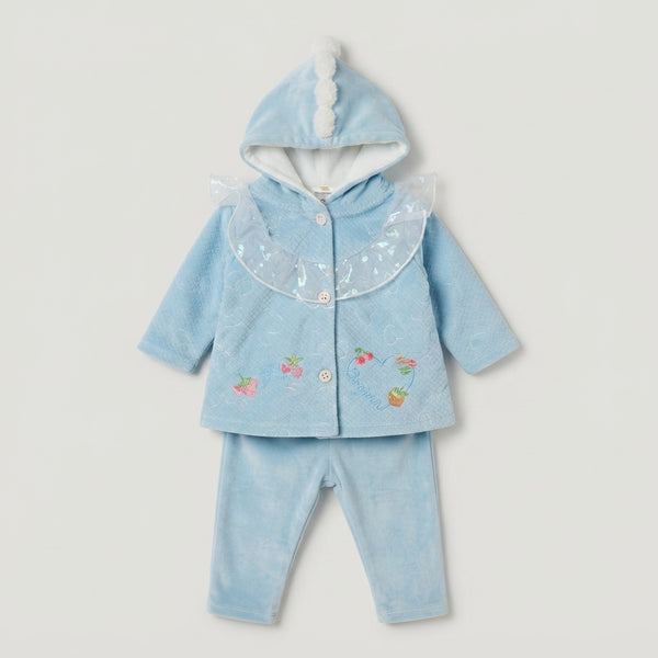 Baby Girls Cozy Light Blue Velvet 2-Piece Hoodie Set with Hood Pom-Pom & Floral Embroidery