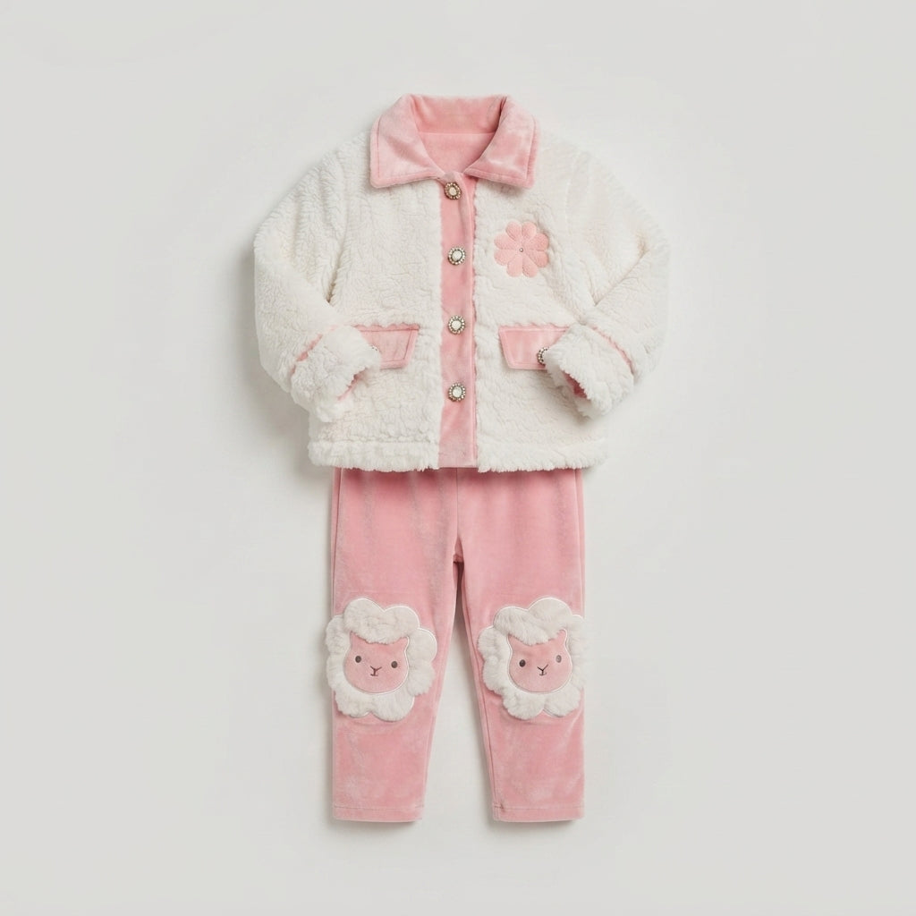 Toddler Girls' Chic 2-Piece Teddy Bear Jacket and Velour Pants Set with Sheep Knee Patches
