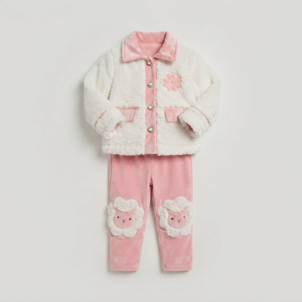 Toddler Girls' Chic 2-Piece Teddy Bear Jacket and Velour Pants Set with Sheep Knee Patches