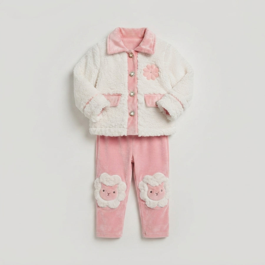 Toddler Girls' Chic 2-Piece Teddy Bear Jacket and Velour Pants Set with Sheep Knee Patches