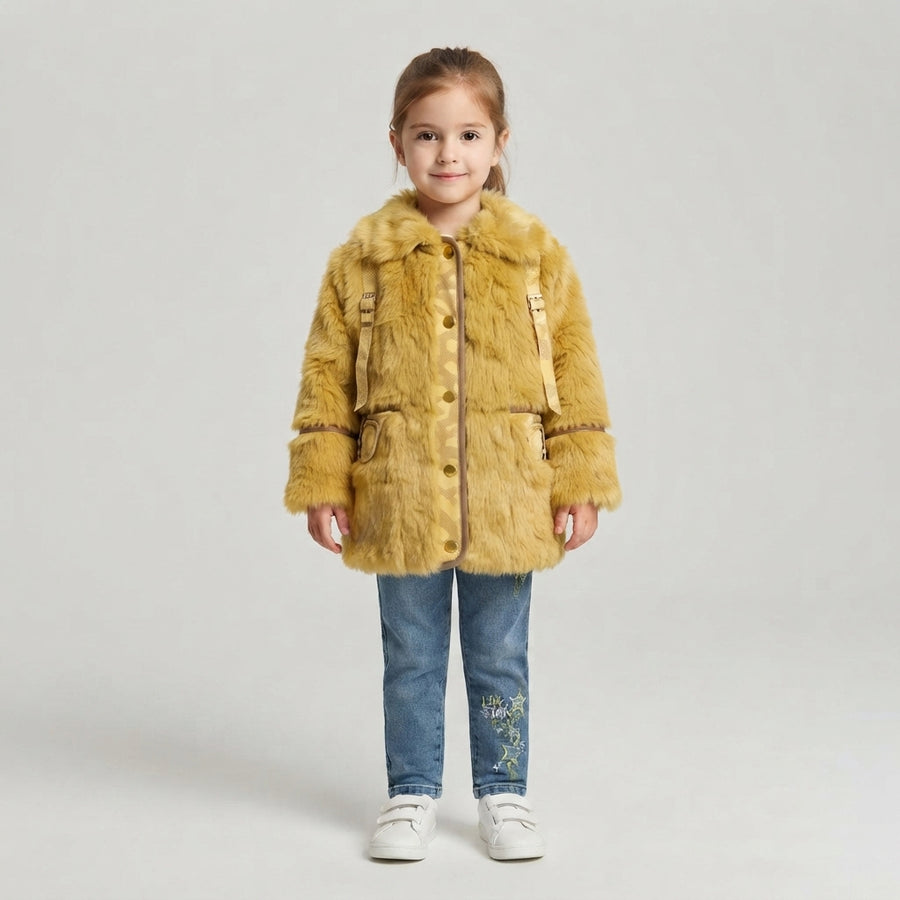 Girls Mustard Faux-Fur Coat & Jeans Set