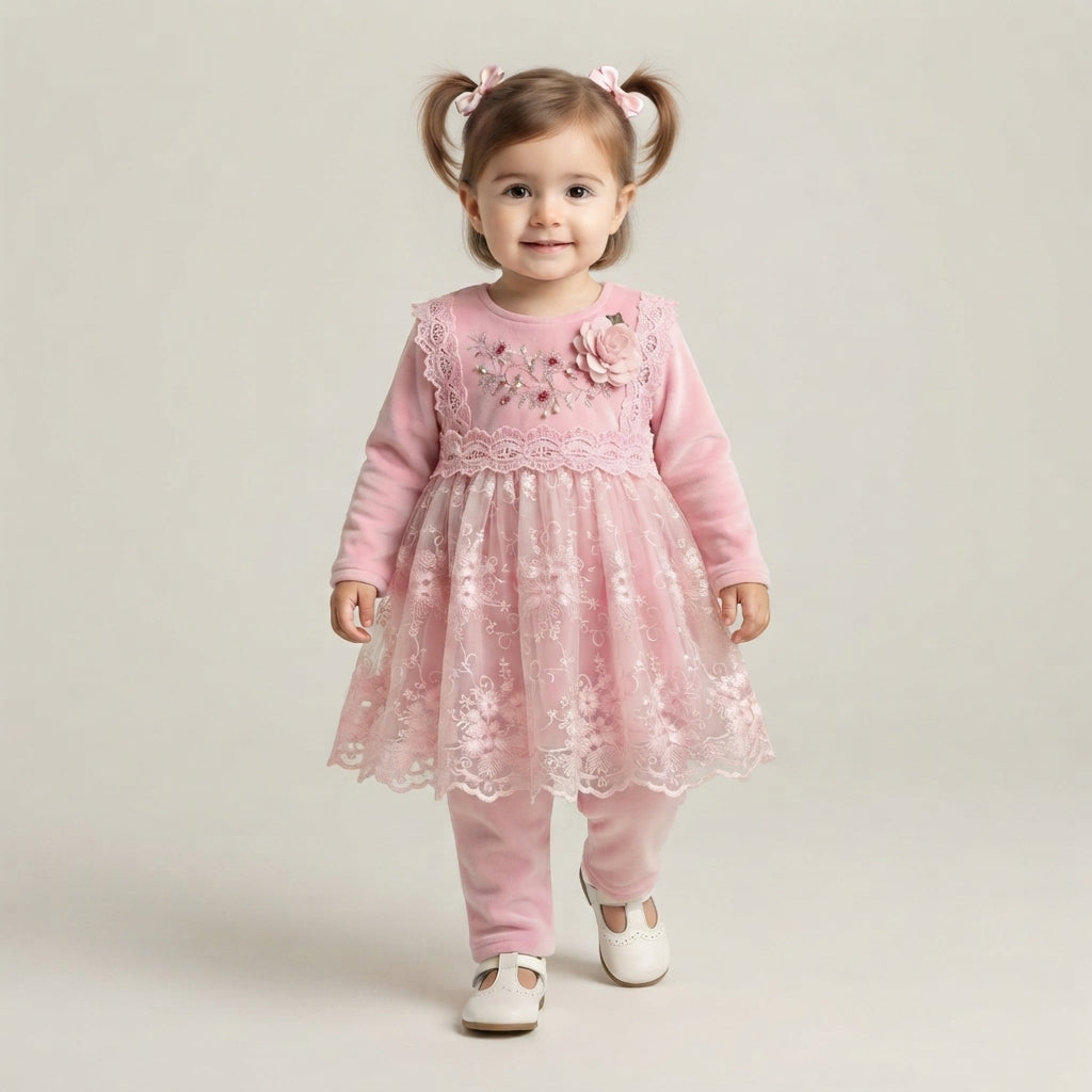 Baby Girls Pink Velvet Lace Frock Set — Photo 2