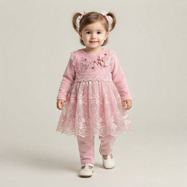 Baby Girls Pink Velvet Lace Frock Set — Photo 2
