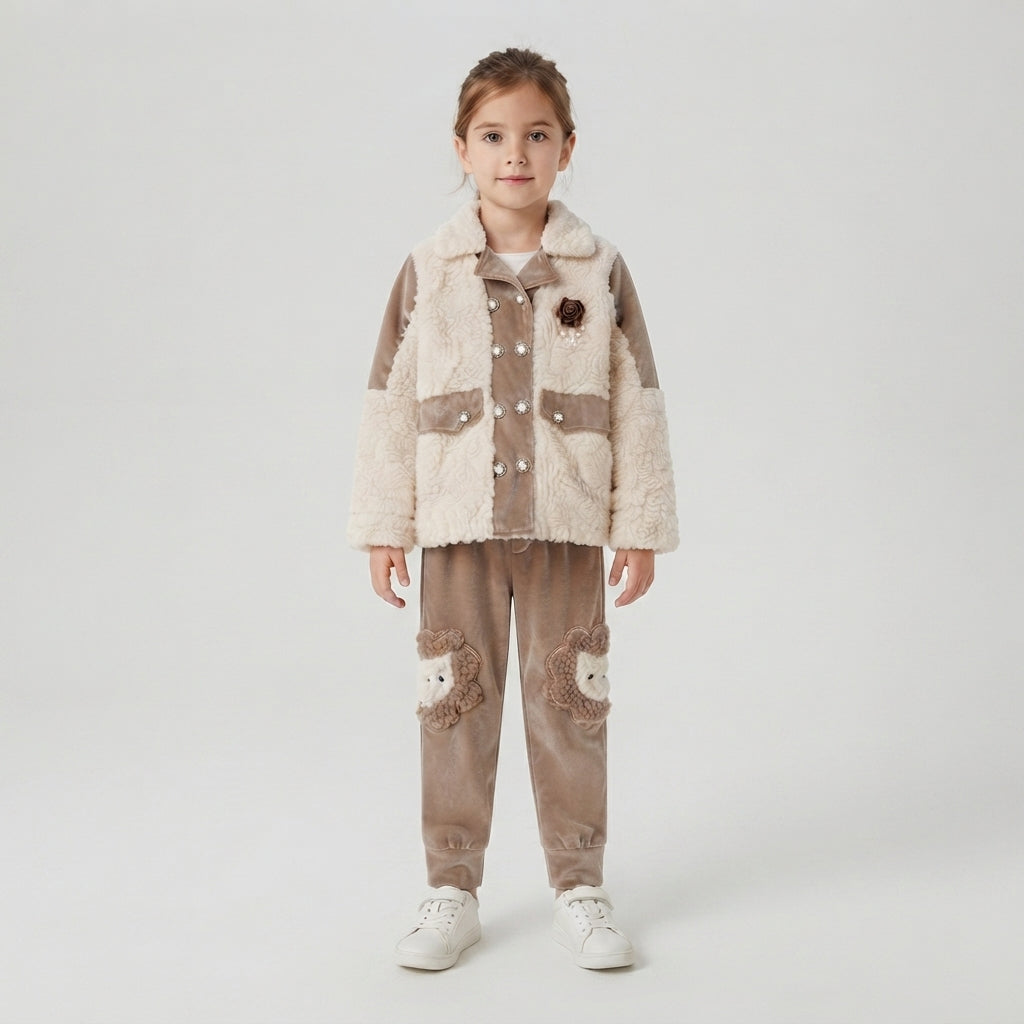 Girls Cream & Brown Winter 2-Piece Velvet Suit | Kids Warm Tracksuit – Iqra Garments