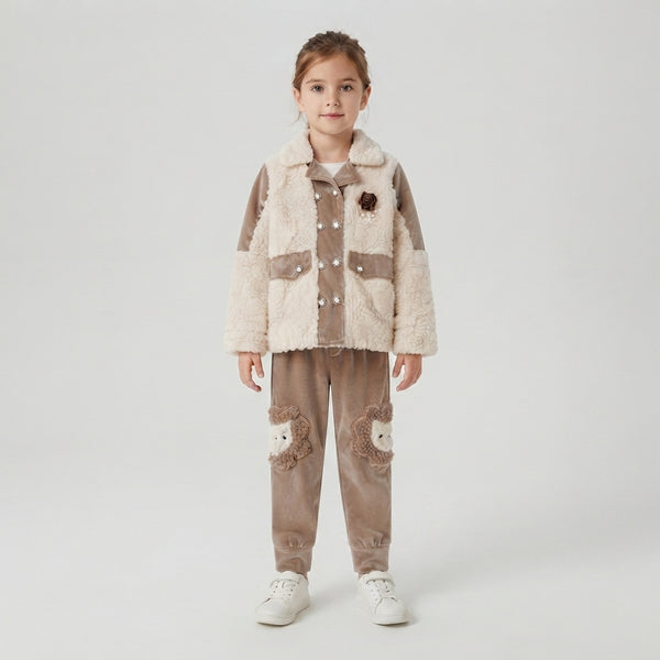 Girls Cream & Brown Winter 2-Piece Velvet Suit | Kids Warm Tracksuit – Iqra Garments