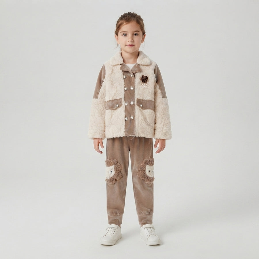 Girls Cream & Brown Winter 2-Piece Velvet Suit | Kids Warm Tracksuit – Iqra Garments