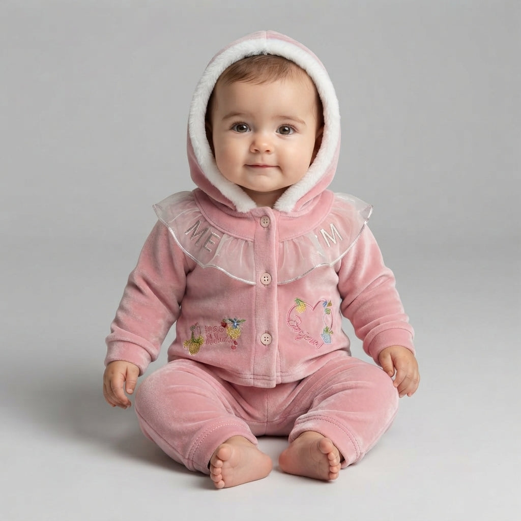 Baby Girl Pink Quilted Velvet Hoodie Set — Photo 3