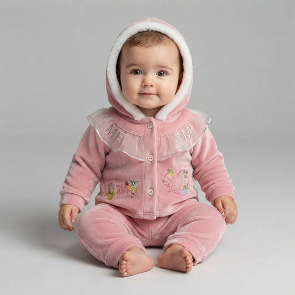 Baby Girl Pink Quilted Velvet Hoodie Set — Photo 3