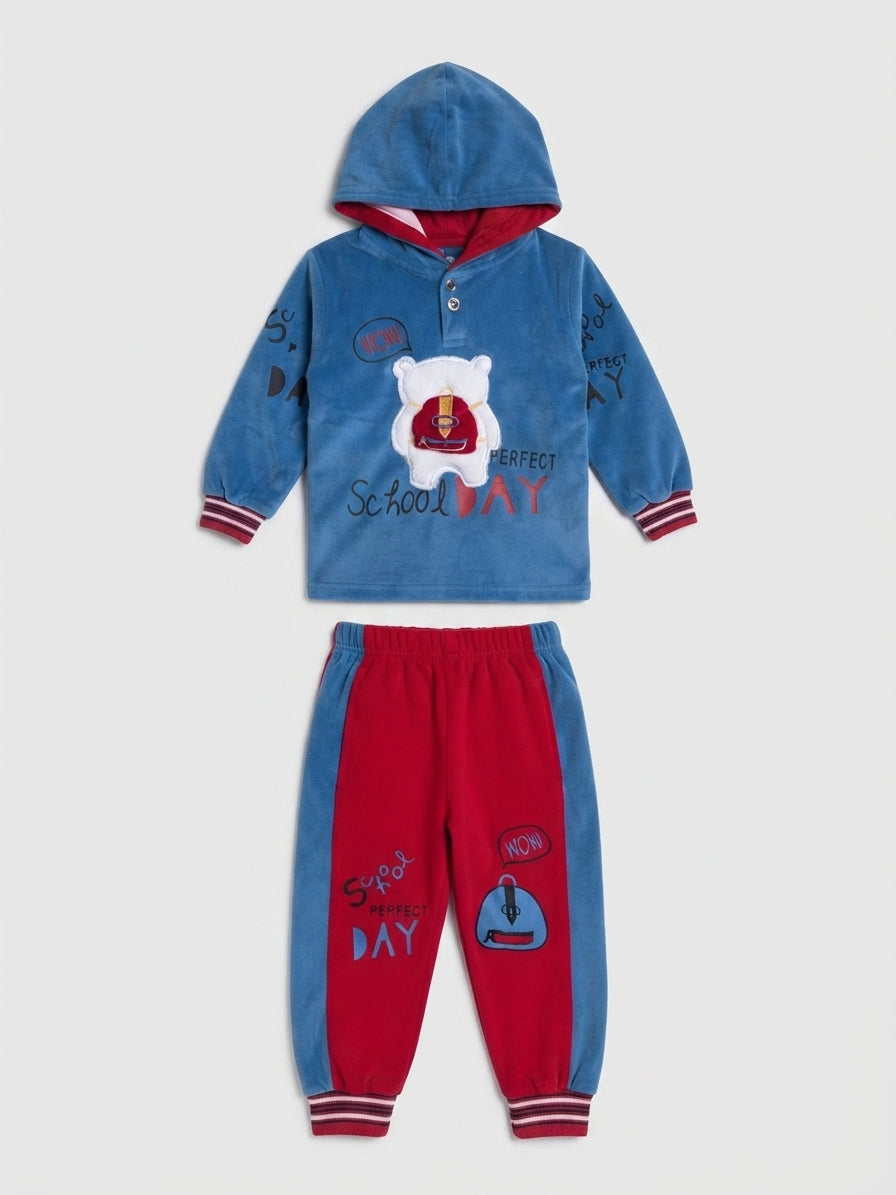 Boys Blue and Red School Day Print Velvet Hoodie Suit