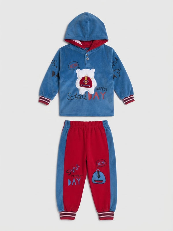 Boys Blue and Red School Day Print Velvet Hoodie Suit