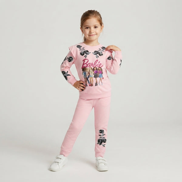 Girls Barbie Crewneck Sweatshirt & Joggers Set | Pink Kids Tracksuit