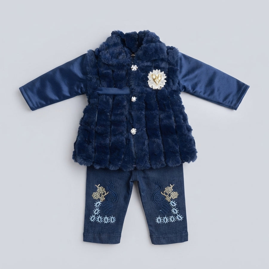 Baby Girl Royal Blue Faux Fur Coat & Embroidered Denim Pant Set - Premium Winter Outfit