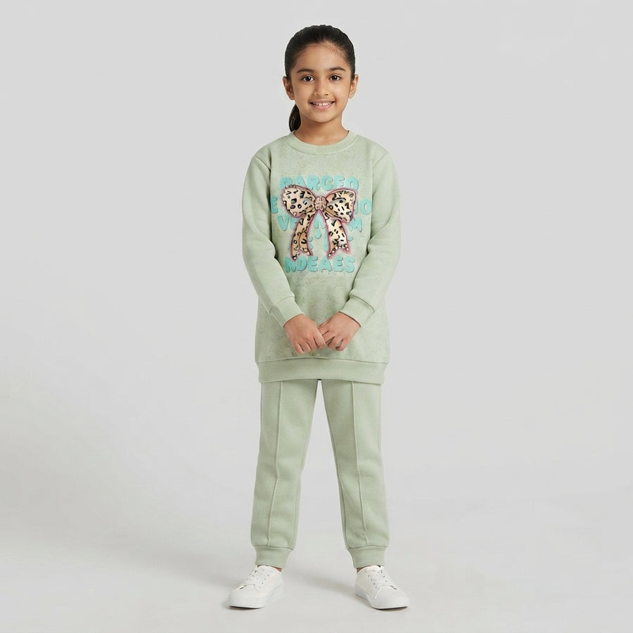 Girls Mint Green Fleece Tracksuit with Leopard Bow