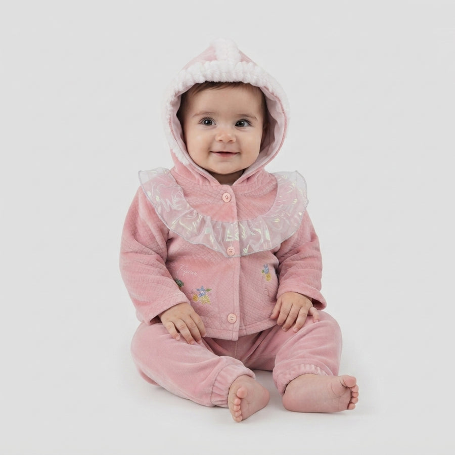 Baby Girl Pink Quilted Velvet Hoodie and Trouser 2-Piece Set