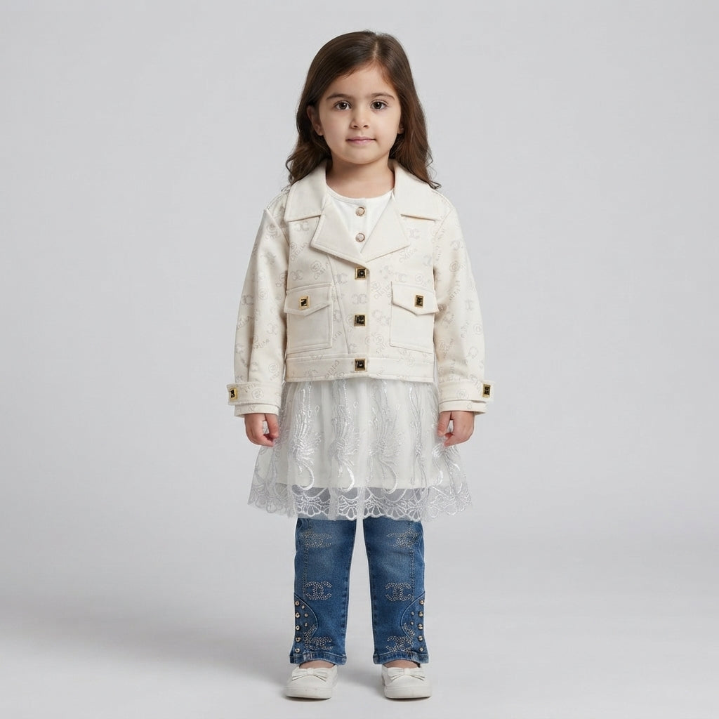 Girls Jacket Coat Style with Inner Hoodie & Fancy Jeans 3 Piece Suit