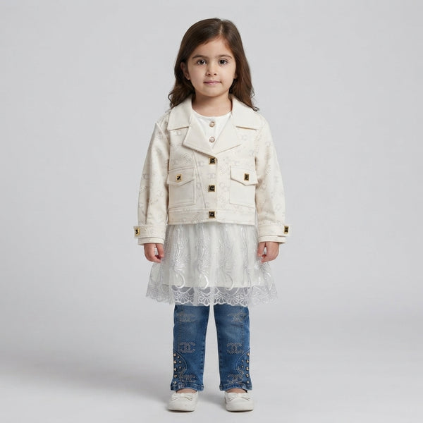 Girls Jacket Coat Style with Inner Hoodie & Fancy Jeans 3 Piece Suit