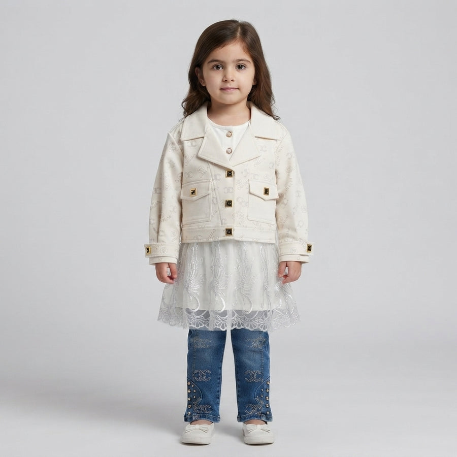 Girls Jacket Coat Style with Inner Hoodie & Fancy Jeans 3 Piece Suit