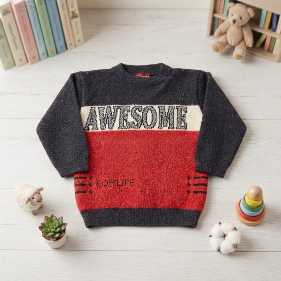 Kids Charcoal & Red Colorblock "AWESOME" Knit Sweater