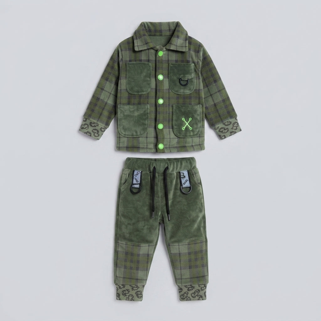 Baby Boy Olive Green Plaid Shirt & Velvet Tracksuit Set