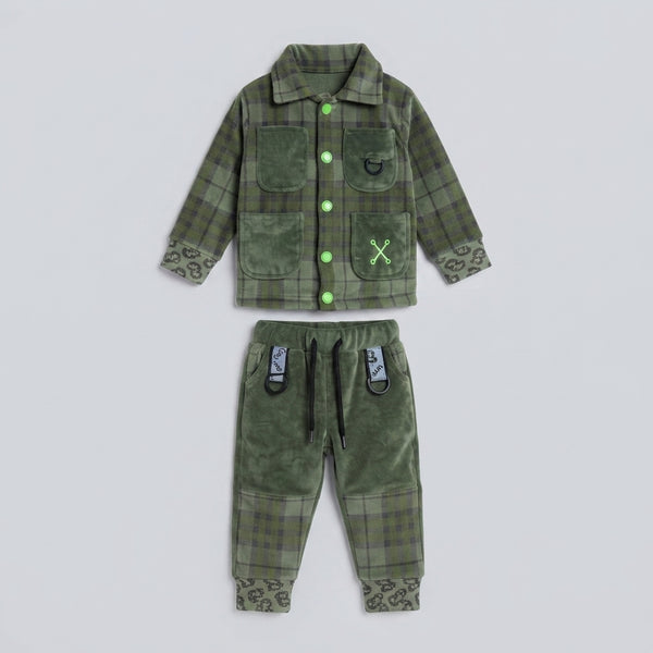 Baby Boy Olive Green Plaid Shirt & Velvet Tracksuit Set