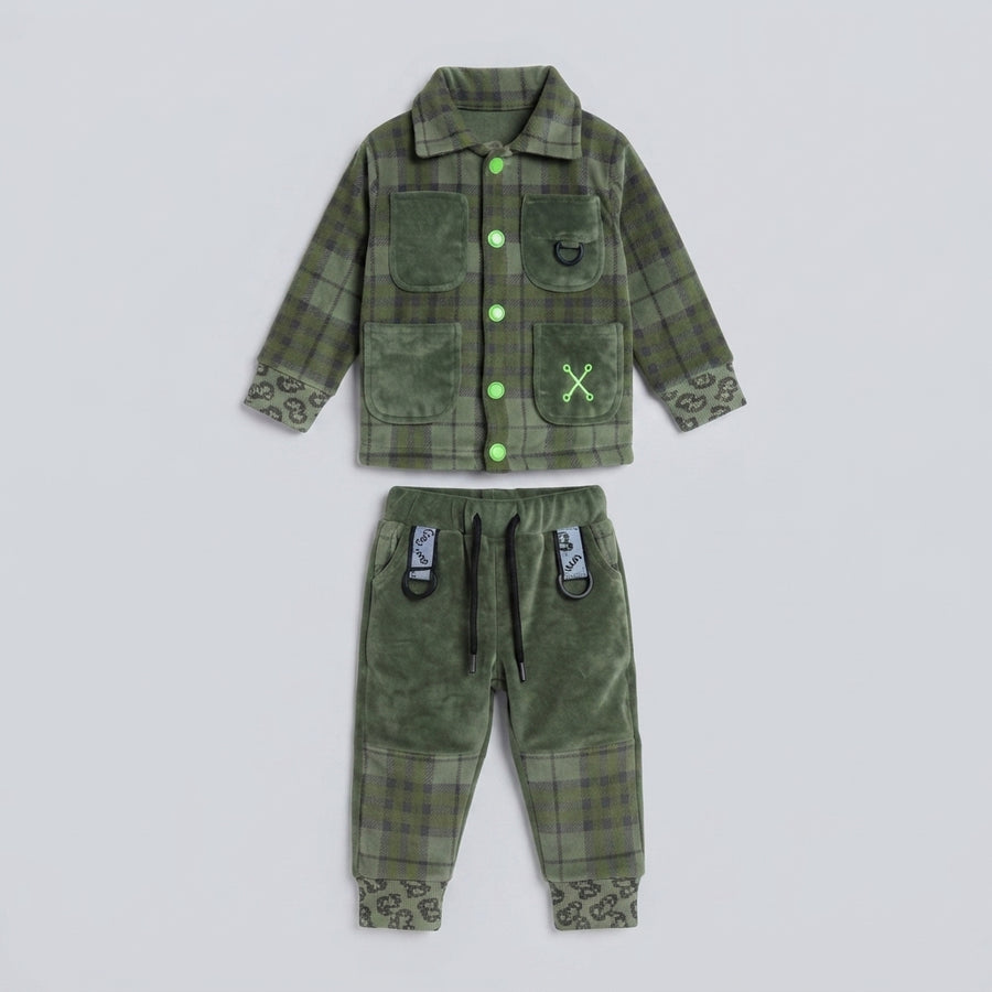 Baby Boy Olive Green Plaid Shirt & Velvet Tracksuit Set