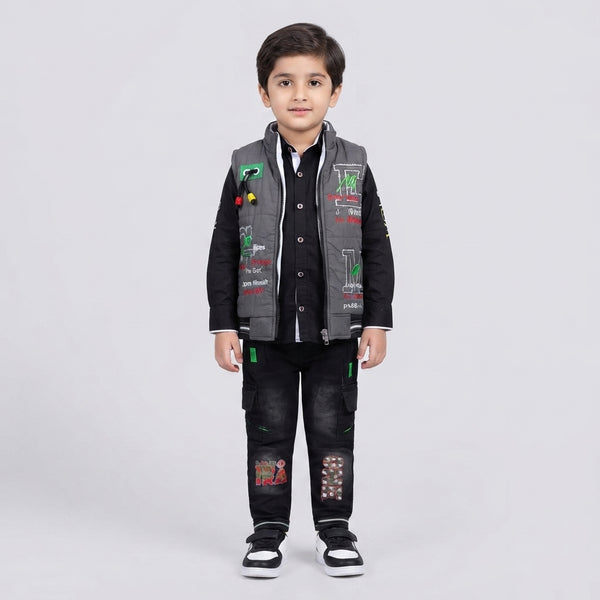 Boys Grey Puffer Vest, Black Shirt & Denim Jeans Winter Set