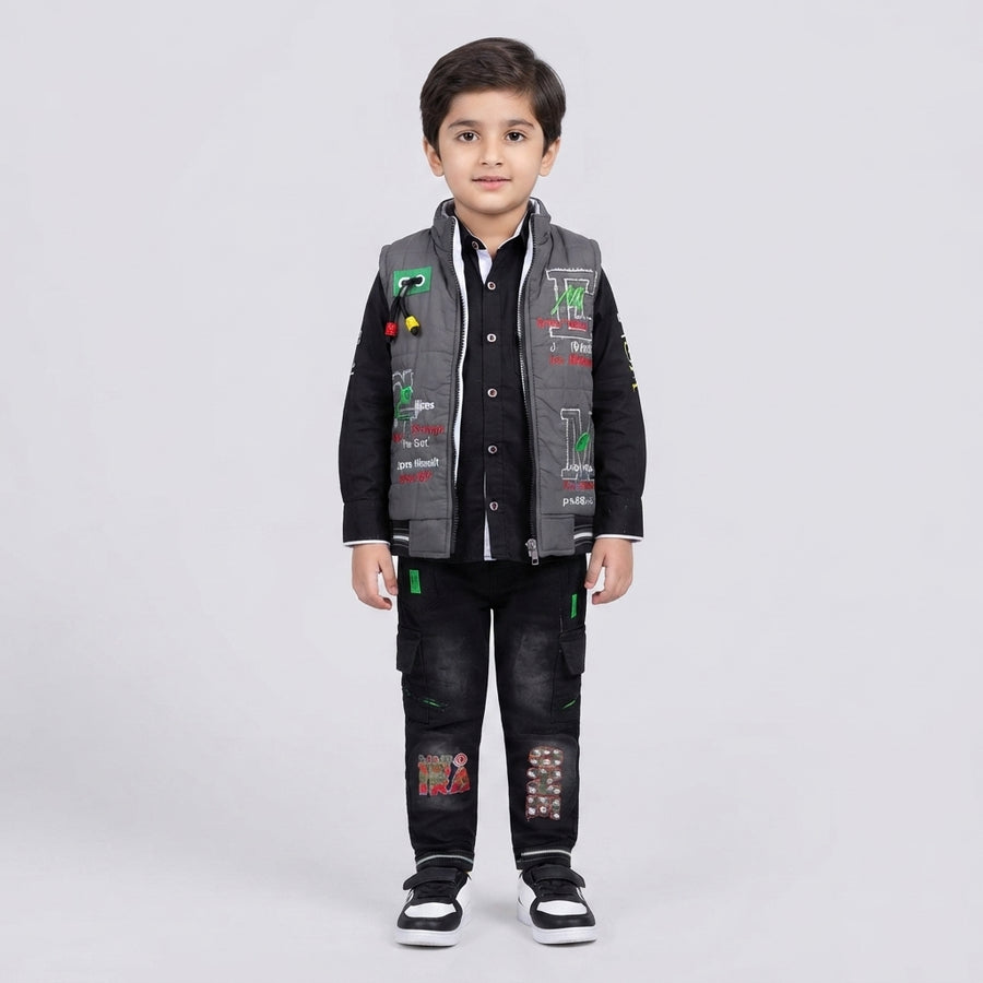 Boys Grey Puffer Vest, Black Shirt & Denim Jeans Winter Set