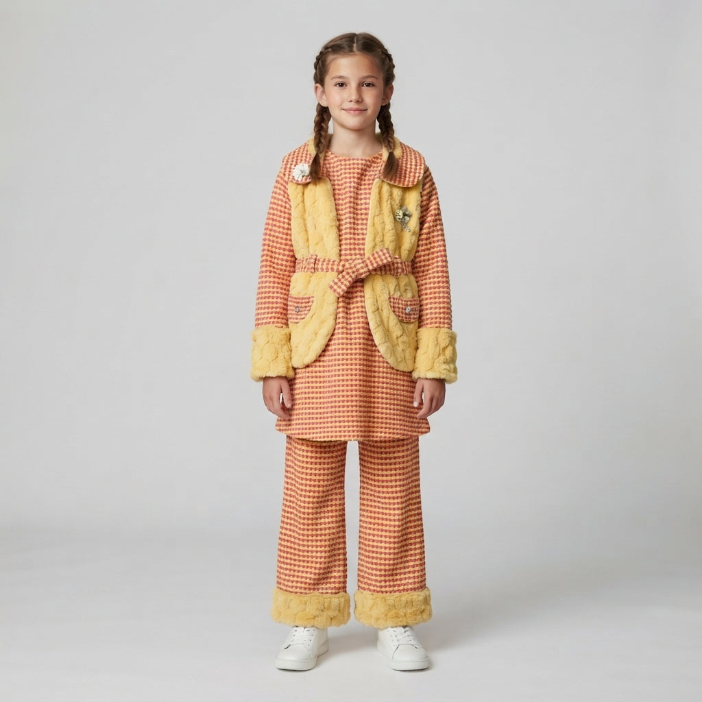 Girls' Checkered Tweed Suit with Faux-Fur Trim