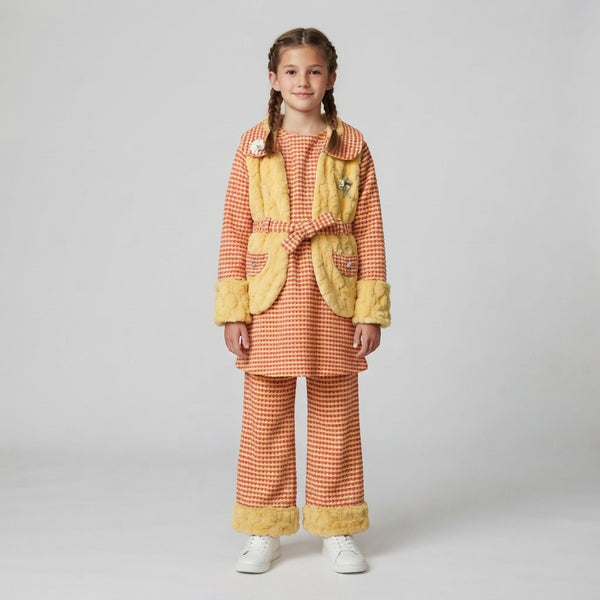 Girls' Checkered Tweed Suit with Faux-Fur Trim