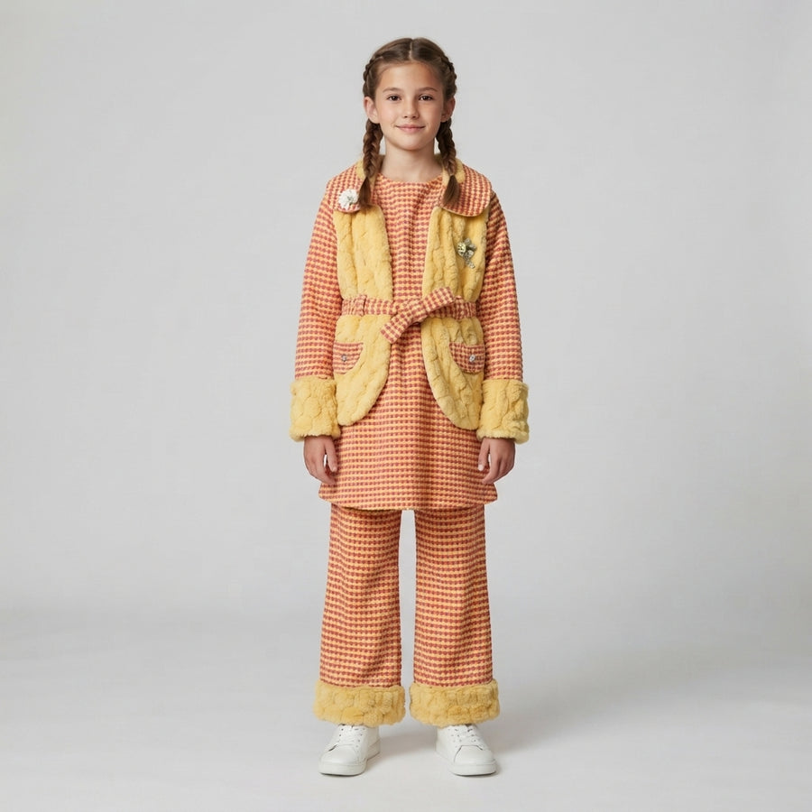 Girls' Checkered Tweed Suit with Faux-Fur Trim