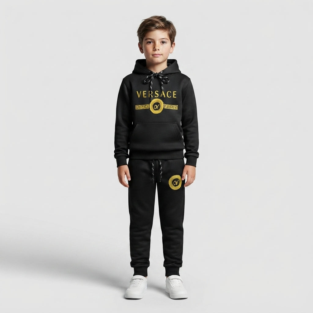 Boys Black Gold Branded Hoodie Tracksuit | Iqra Garments