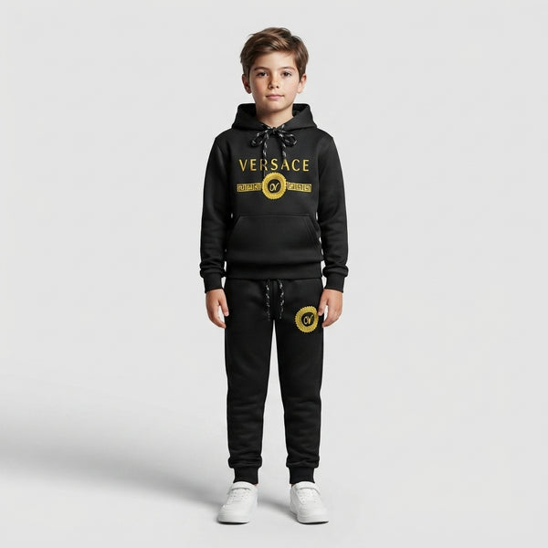 Boys Black Gold Branded Hoodie Tracksuit | Iqra Garments
