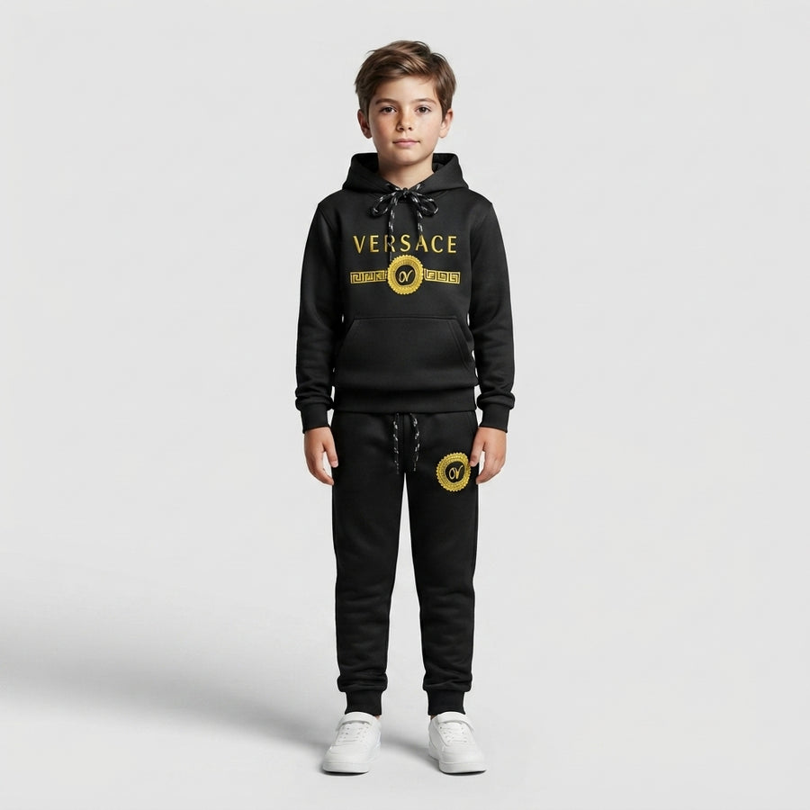Boys Black Gold Branded Hoodie Tracksuit | Iqra Garments