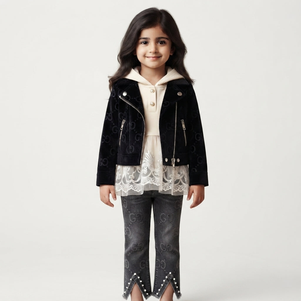 Girls 3-Piece Jacket Hoodie Denim Stretchable Pants Set