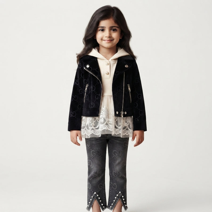 Girls 3-Piece Jacket Hoodie Denim Stretchable Pants Set