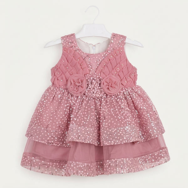 Girls Pink Sequined Ruffled Layered Party Frock