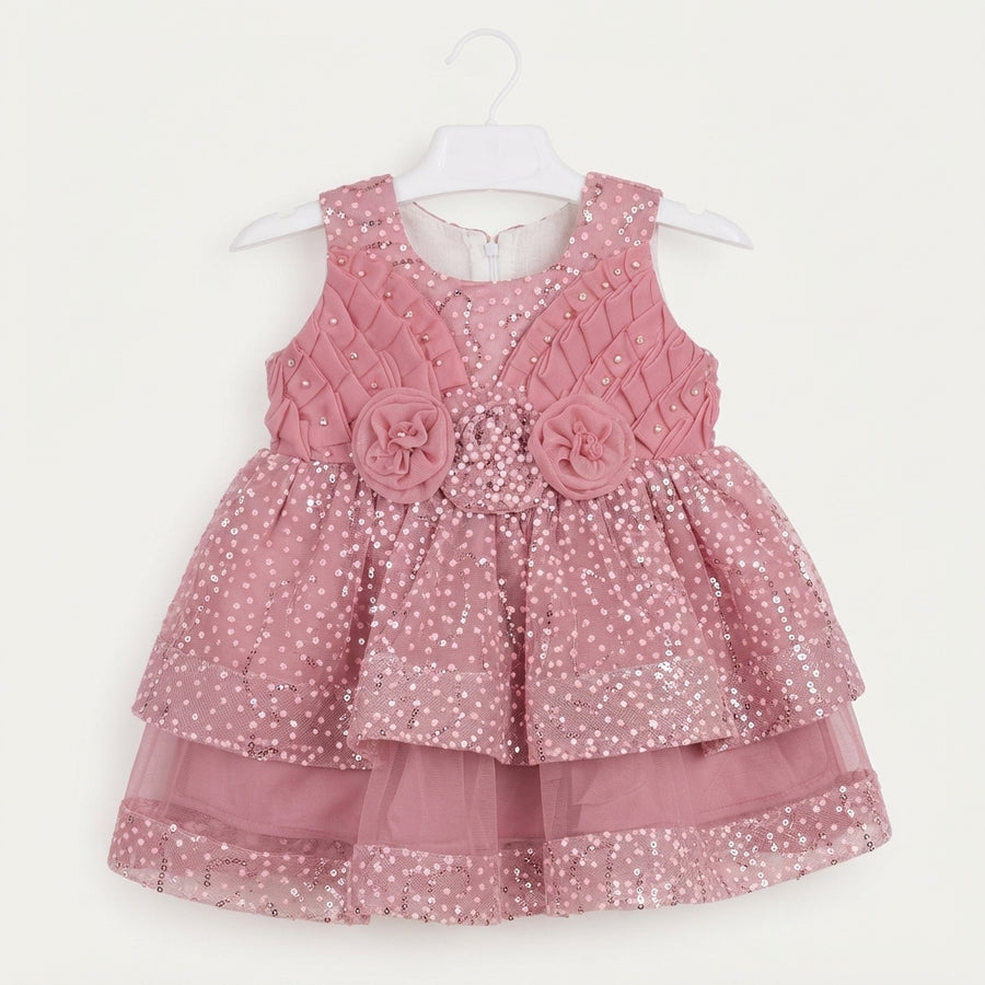 Girls Pink Sequined Ruffled Layered Party Frock