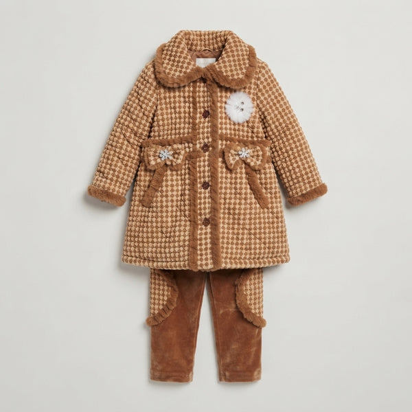 Girls Brown Textured Coat & Velvet Pant Set — Photo 2